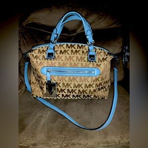 Michael Kors Khaki Monogram Fabric with Blue Leather Detail Crossbody Bag.